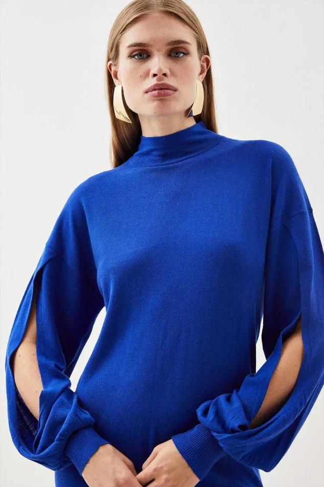 Dresses Women Karen Millen Cashmere Blend Roll Neck And Split Sleeve Knit Mini Dress Cobalt