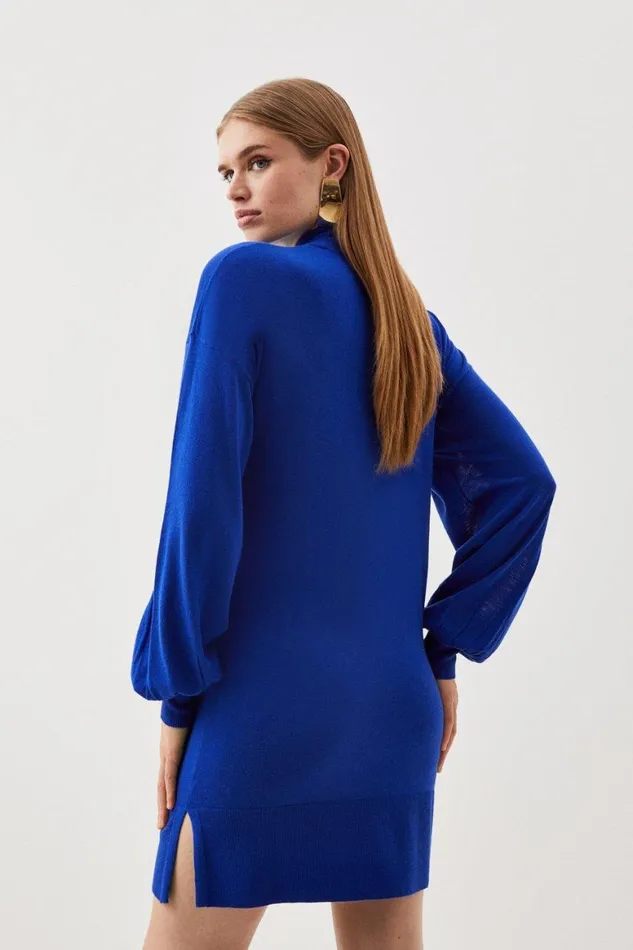 Dresses Women Karen Millen Cashmere Blend Roll Neck And Split Sleeve Knit Mini Dress Cobalt