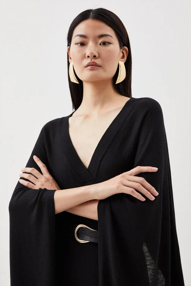 Dresses Women Karen Millen Cashmere Blend V Neck Drama Sleeve Midaxi Knit Dress Black
