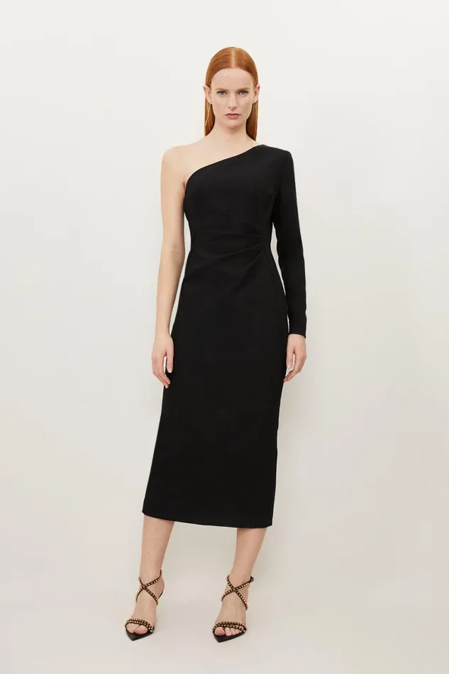 Dresses Women Karen Millen Clean Tailored One Shoulder Ruched Waist Midi Dress Black Dresses Women Karen Millen Clean Tailored One Shoulder Ruched Waist Midi Dress Black