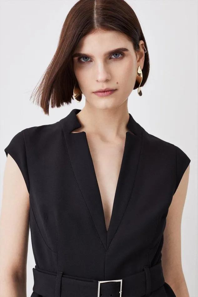 Dresses Women Karen Millen Compact Stretch Belted Asymmetric Drape Detail Midi Dress Black
