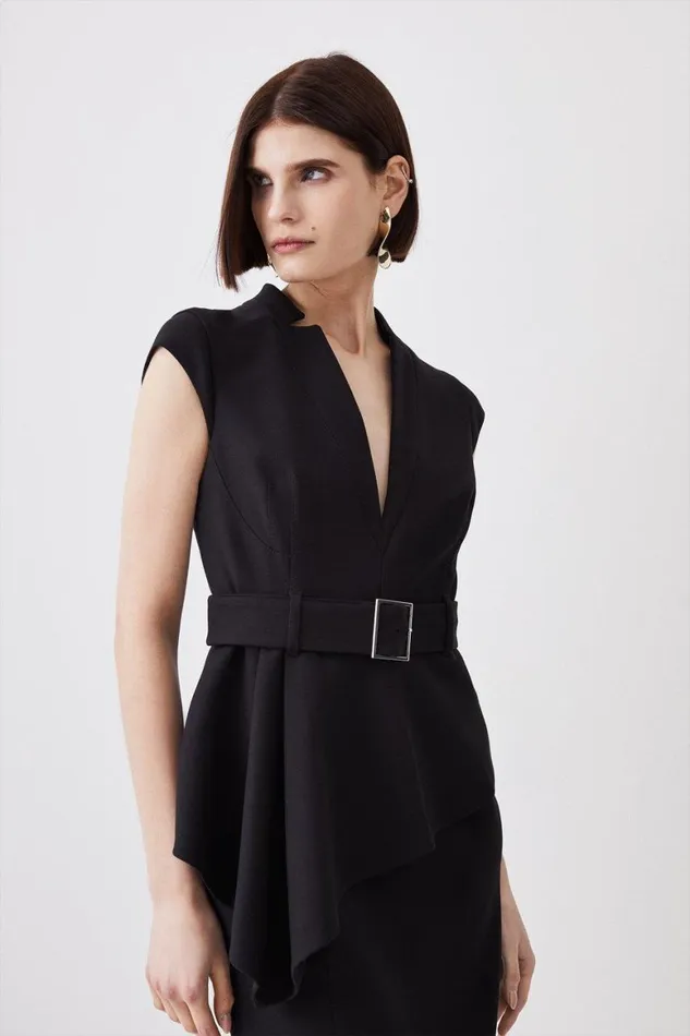Dresses Women Karen Millen Compact Stretch Belted Asymmetric Drape Detail Midi Dress Black