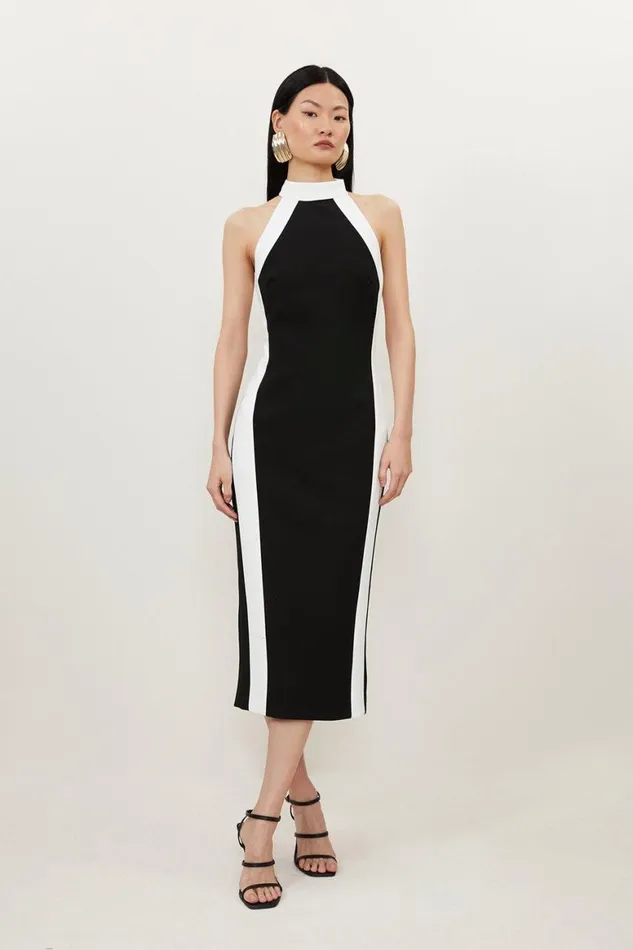 Dresses Women Karen Millen Compact Stretch Contrast Halter Neck Tailored Midi Dress Black Dresses Women Karen Millen Compact Stretch Contrast Halter Neck Tailored Midi Dress Black
