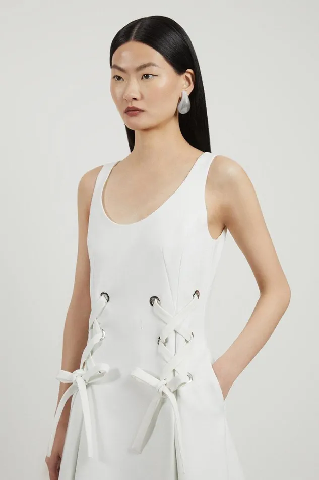 Dresses Women Karen Millen Compact Stretch Eyelet Detailed Ribbon Midi Dress Ivory
