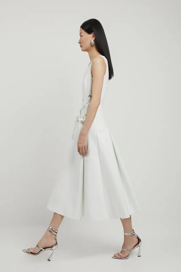 Dresses Women Karen Millen Compact Stretch Eyelet Detailed Ribbon Midi Dress Ivory