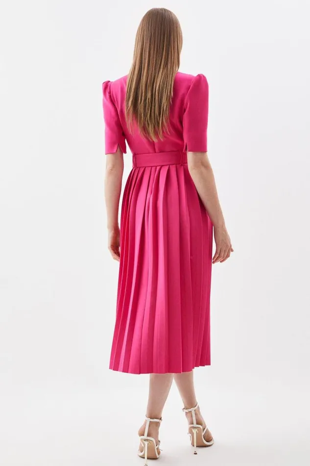 Dresses Women Karen Millen Compact Stretch Notch Neck Wrap Belted Forever Midi Dress Fuchsia