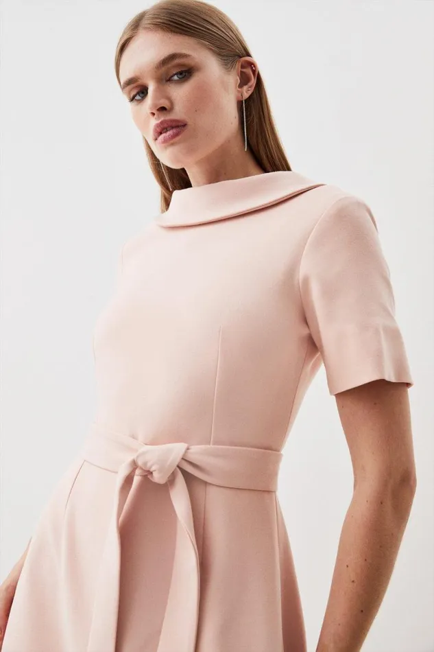 Dresses Women Karen Millen Compact Stretch Roll Neck Belted High Low Tailored Midi Dress Blush