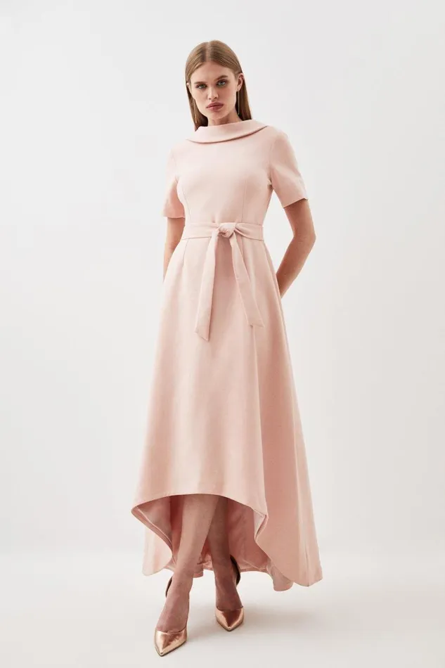 Dresses Women Karen Millen Compact Stretch Roll Neck Belted High Low Tailored Midi Dress Blush