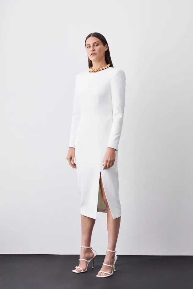 Dresses Women Karen Millen Compact Stretch Viscose Open Back Pencil Midi Dress Ivory Dresses Women Karen Millen Compact Stretch Viscose Open Back Pencil Midi Dress Ivory