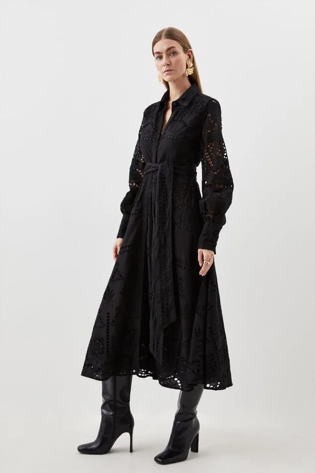 Dresses Women Karen Millen Cotton Broderie Belted Woven Maxi Dress Black