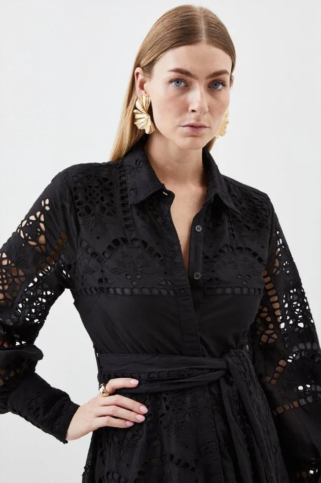 Dresses Women Karen Millen Cotton Broderie Belted Woven Maxi Dress Black