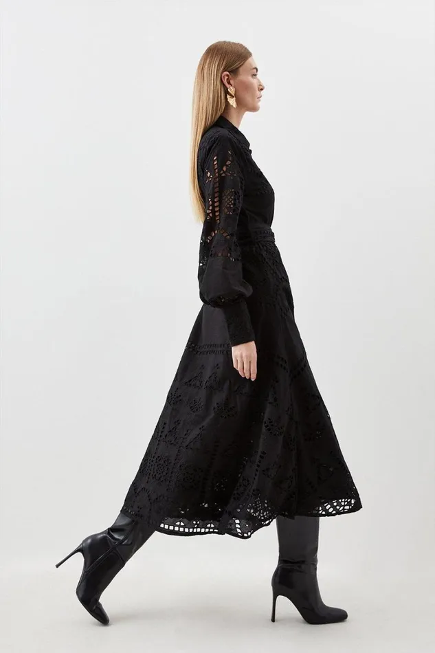 Dresses Women Karen Millen Cotton Broderie Belted Woven Maxi Dress Black