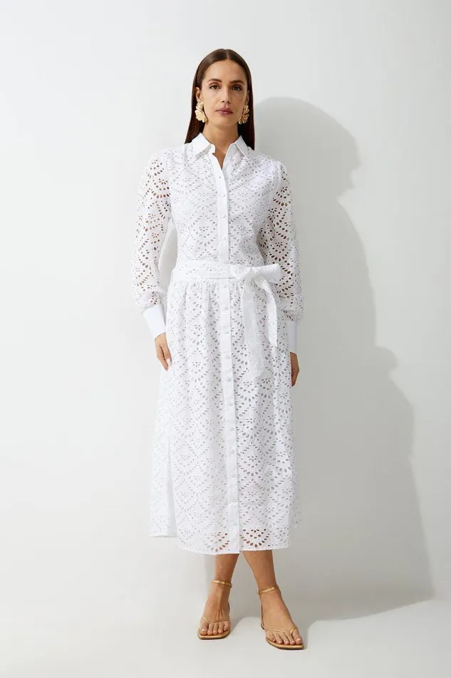 Dresses Women Karen Millen Cotton Broderie Woven Midi Shirt Dress White