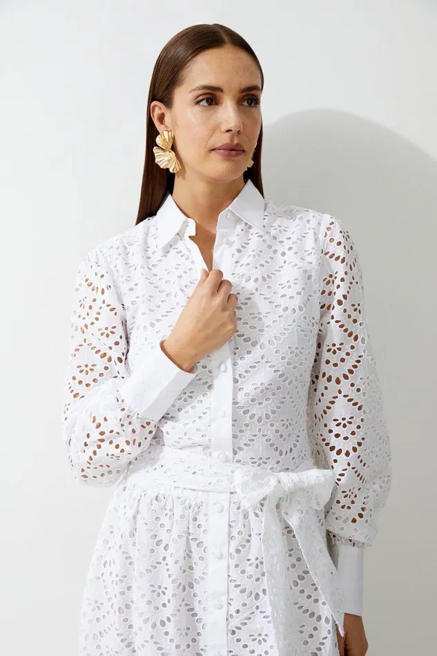 Dresses Women Karen Millen Cotton Broderie Woven Midi Shirt Dress White