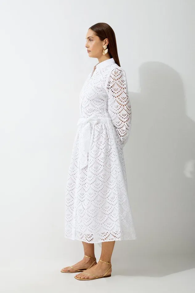 Dresses Women Karen Millen Cotton Broderie Woven Midi Shirt Dress White