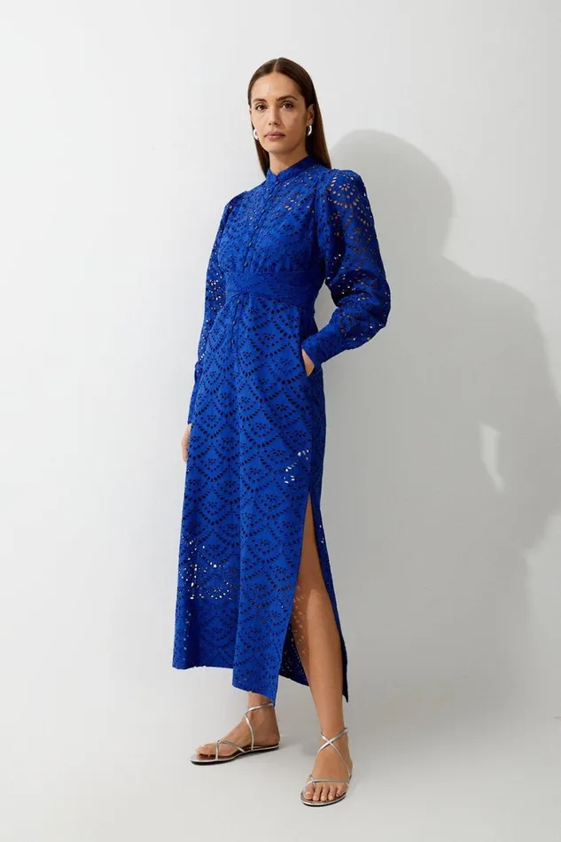 Dresses Women Karen Millen Cotton Broderie Woven Tie Waist Maxi Dress Cobalt