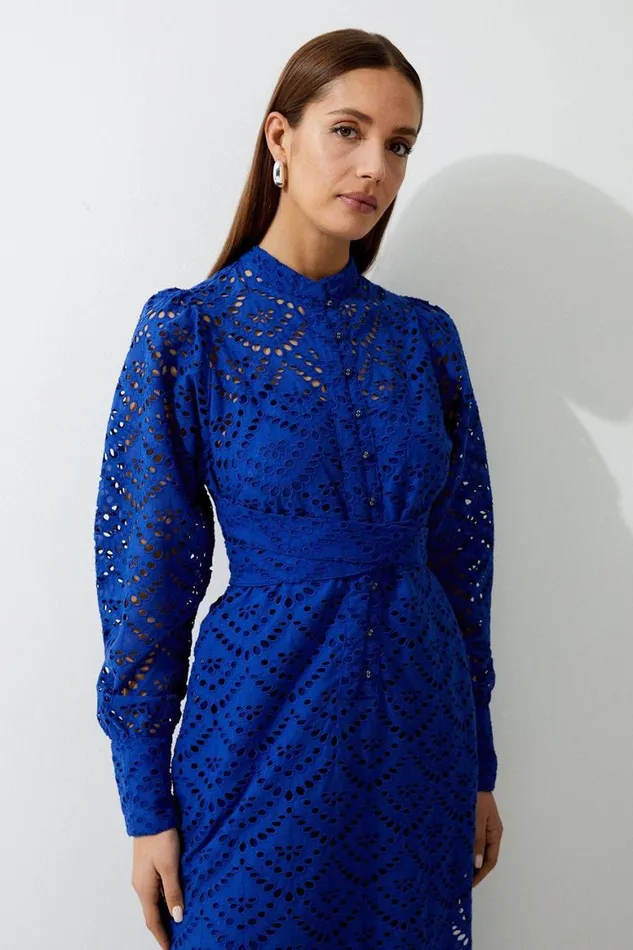 Dresses Women Karen Millen Cotton Broderie Woven Tie Waist Maxi Dress Cobalt