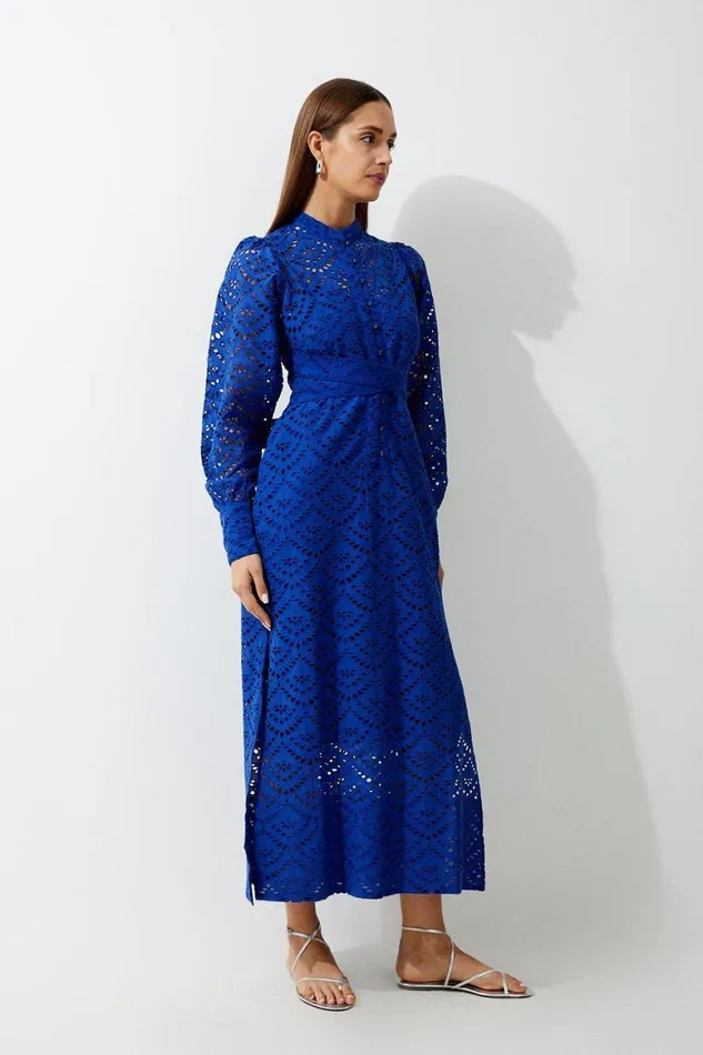 Dresses Women Karen Millen Cotton Broderie Woven Tie Waist Maxi Dress Cobalt