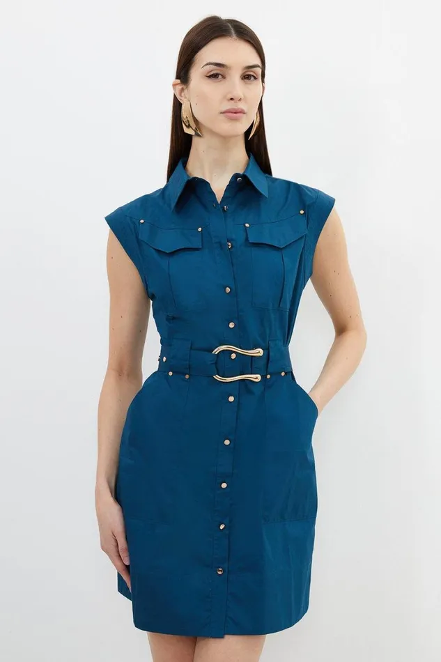 Dresses Women Karen Millen Cotton Sateen Buckled Woven Shirt Mini Dress Navy