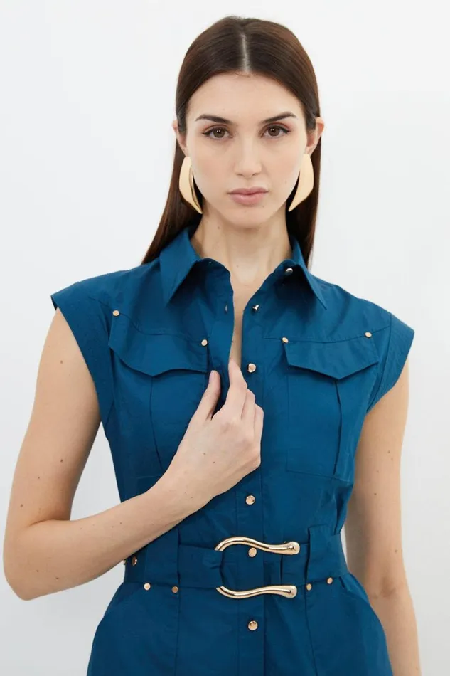 Dresses Women Karen Millen Cotton Sateen Buckled Woven Shirt Mini Dress Navy