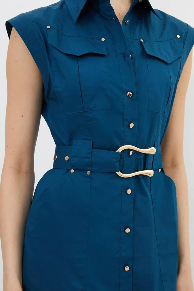 Dresses Women Karen Millen Cotton Sateen Buckled Woven Shirt Mini Dress Navy