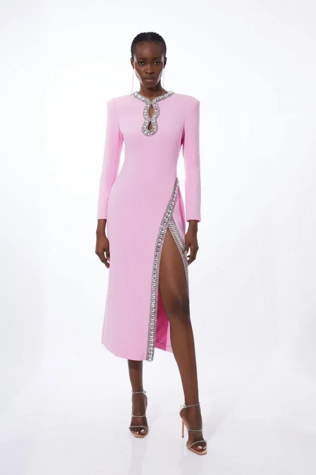 Dresses Women Karen Millen Cut Out Crystal Embellished Woven Maxi Dress Pink