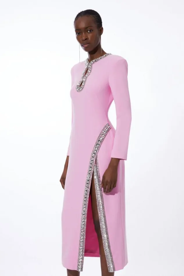 Dresses Women Karen Millen Cut Out Crystal Embellished Woven Maxi Dress Pink
