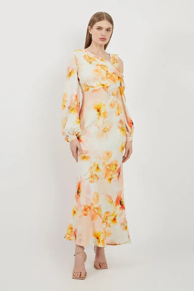 Dresses Women Karen Millen Delicate Floral Satin Cold Shoulder Draped Midi Dress Blush Dresses Women Karen Millen Delicate Floral Satin Cold Shoulder Draped Midi Dress Blush