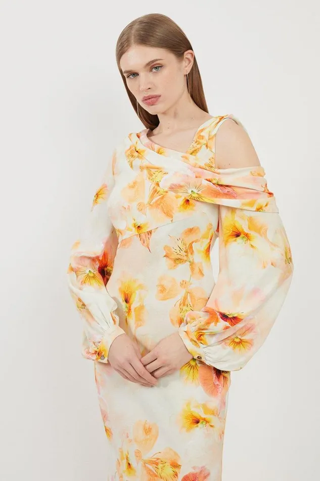 Dresses Women Karen Millen Delicate Floral Satin Cold Shoulder Draped Midi Dress Blush