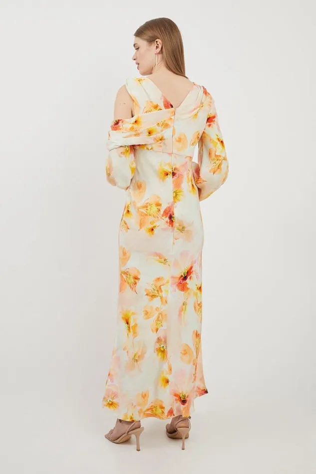 Dresses Women Karen Millen Delicate Floral Satin Cold Shoulder Draped Midi Dress Blush