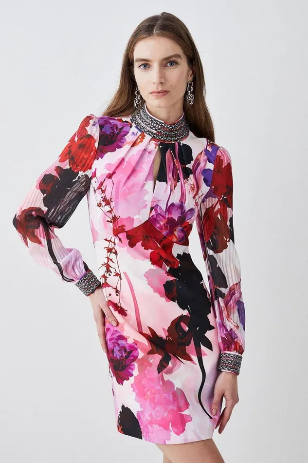 Dresses Women Karen Millen Diamante Trim Floral Woven Mini Dress Pink