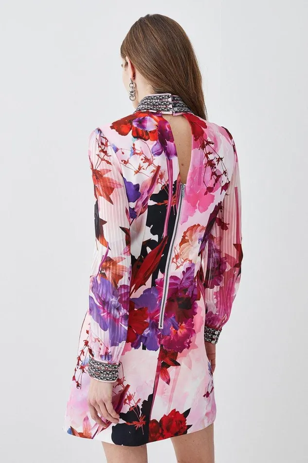 Dresses Women Karen Millen Diamante Trim Floral Woven Mini Dress Pink