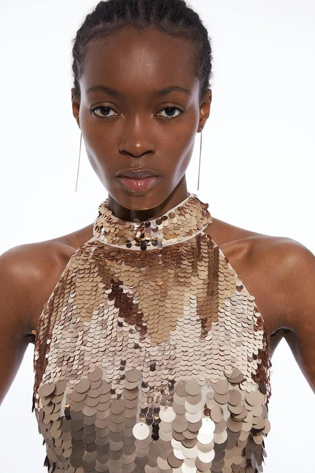 Dresses Women Karen Millen Disc Sequin Halter Mini Dress Gold