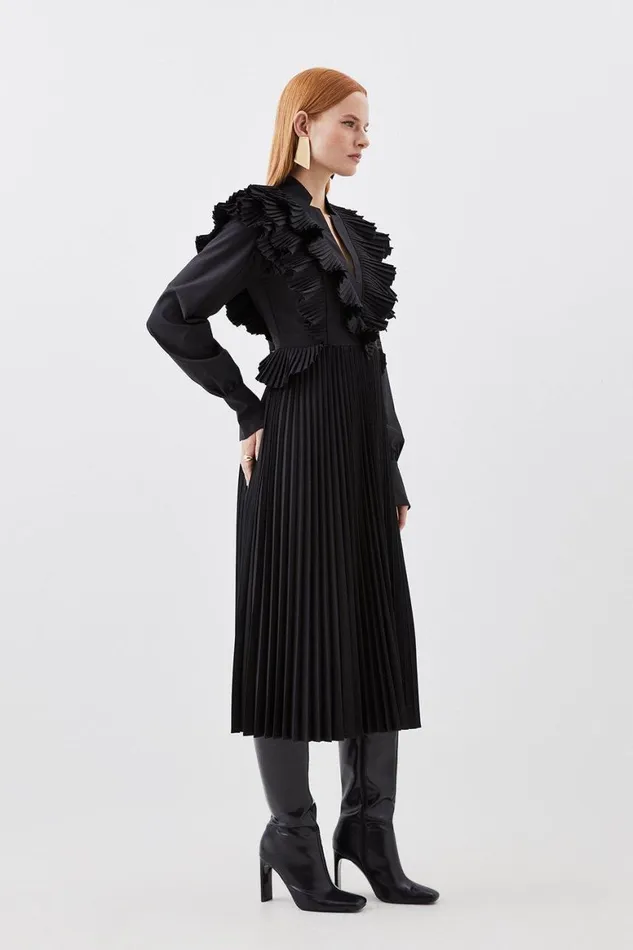 Dresses Women Karen Millen Drama Pleated Detail Woven Midi Dress Black