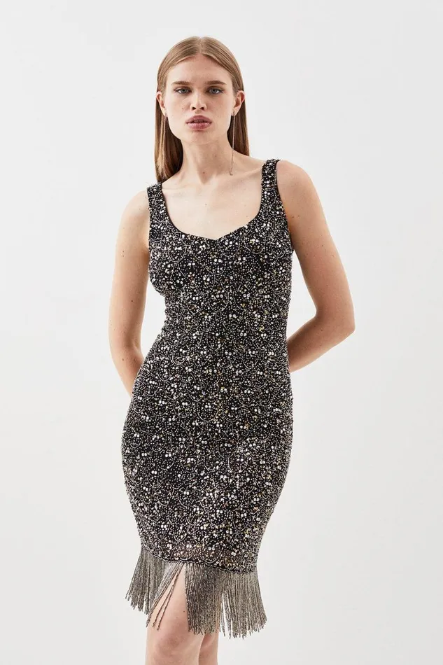 Dresses Women Karen Millen Embellished Beaded Fringe Woven Mini Dress Gold