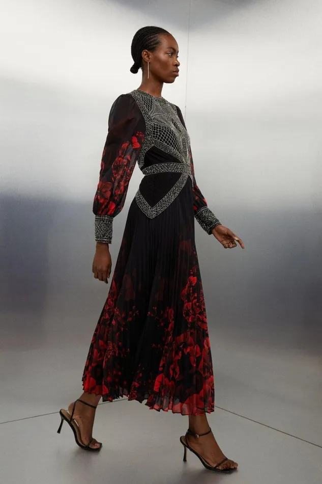Dresses Women Karen Millen Embellished Long Sleeve Pleated Woven Midi Dress Red
