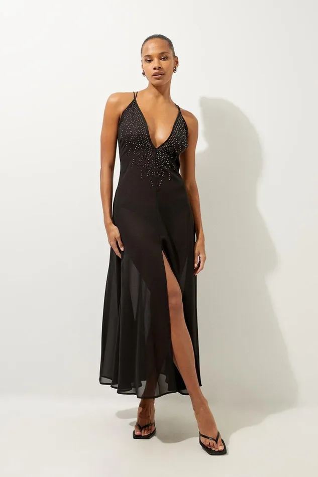 Dresses Women Karen Millen Embellished Strappy Plunge Beach Maxi Dress Black