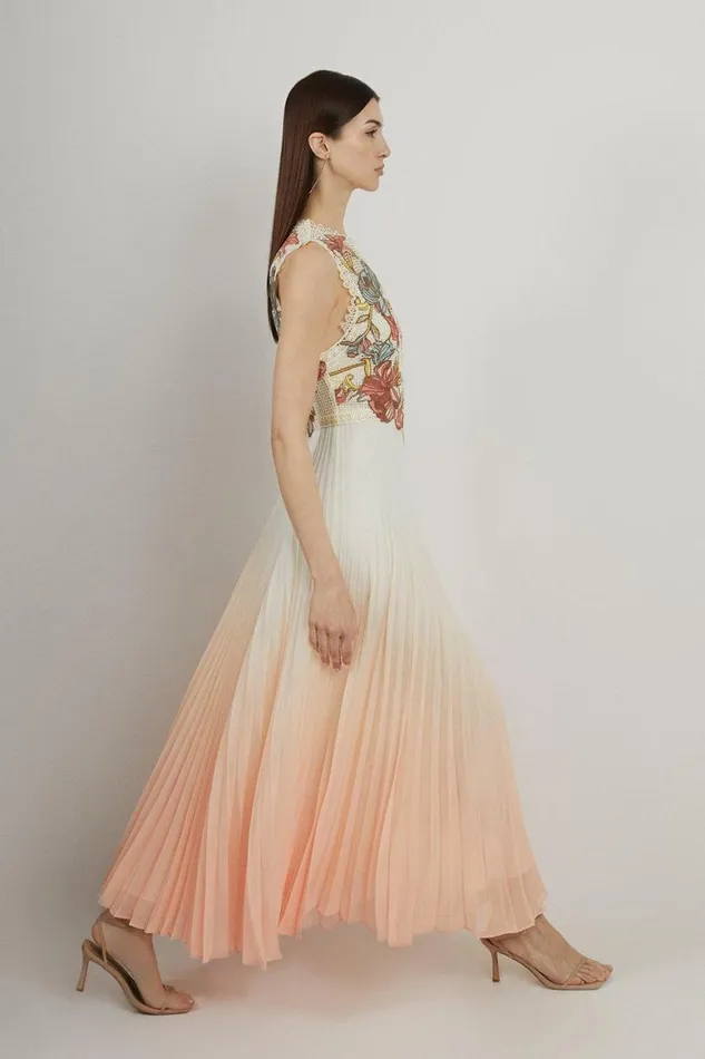 Dresses Women Karen Millen Floral Chemical Lace Ombre With Georgette Skirt Woven Maxi Dress Pink