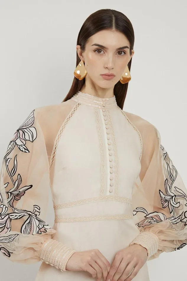 Dresses Women Karen Millen Floral Embroidery Organdie Woven Midi Dress Ivory
