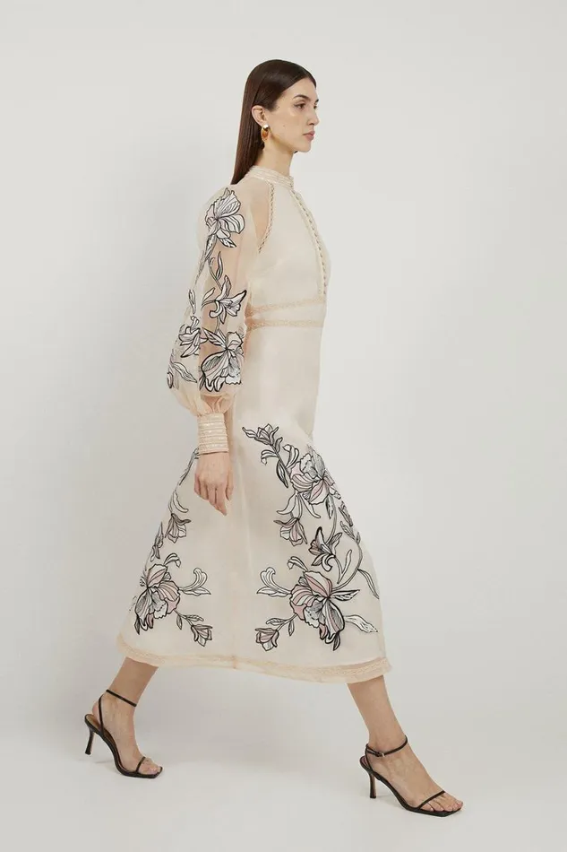 Dresses Women Karen Millen Floral Embroidery Organdie Woven Midi Dress Ivory