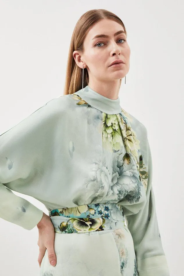 Dresses Women Karen Millen Garden Floral Woven Viscose Satin Batwing Midi Dress Blue