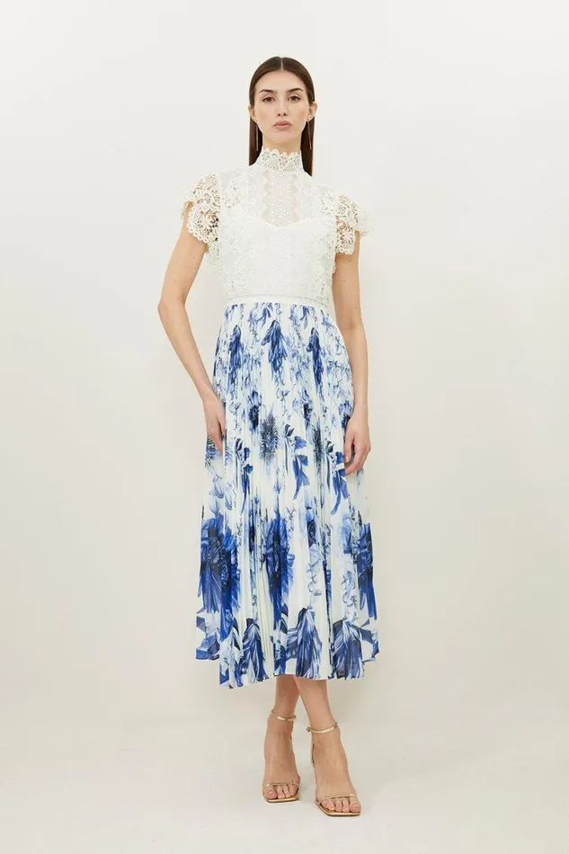 Dresses Women Karen Millen Guipure Lace Floral Print Woven Maxi Dress Blue