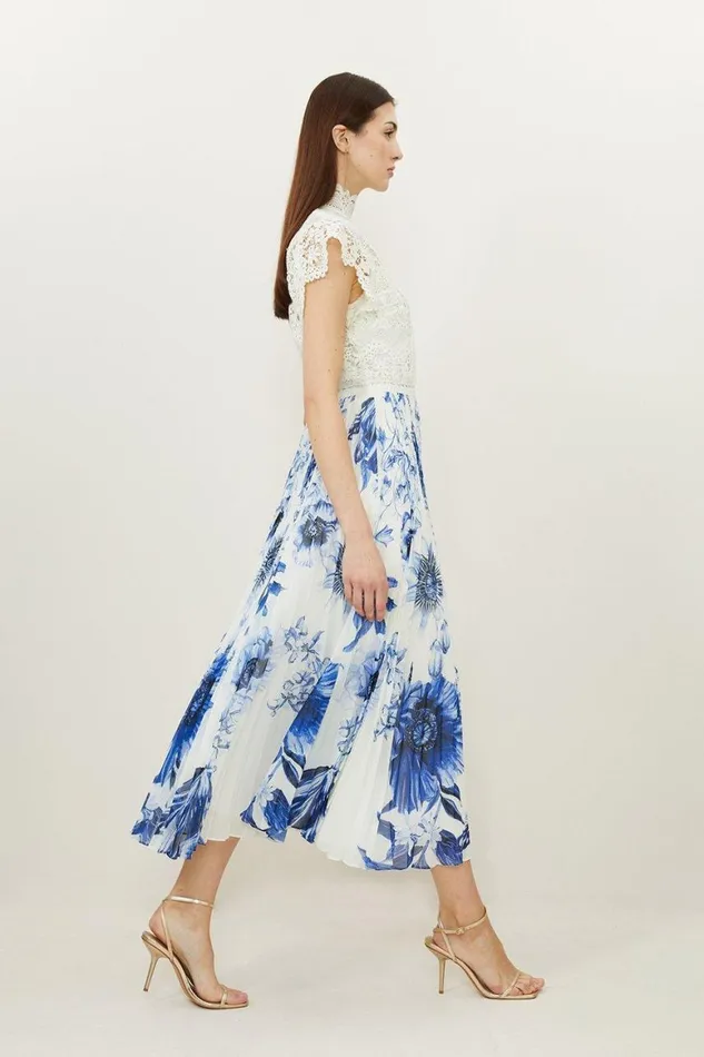 Dresses Women Karen Millen Guipure Lace Floral Print Woven Maxi Dress Blue