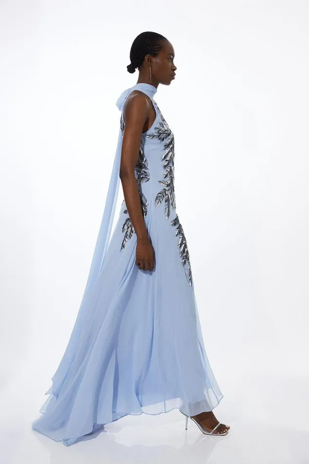 Dresses Women Karen Millen Halter Neck Feather Sequin Detail Woven Maxi Dress Blue Dresses Women Karen Millen Halter Neck Feather Sequin Detail Woven Maxi Dress Blue
