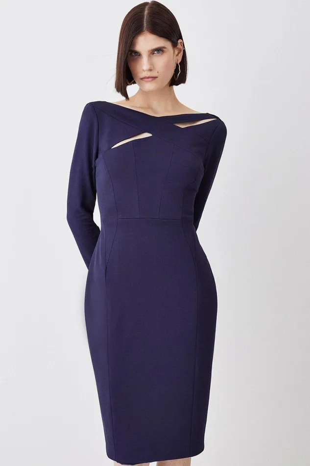 Dresses Women Karen Millen Italian Structured Rib Cross Over Tailored Pencil Midi Dress Navy Dresses Women Karen Millen Italian Structured Rib Cross Over Tailored Pencil Midi Dress Navy