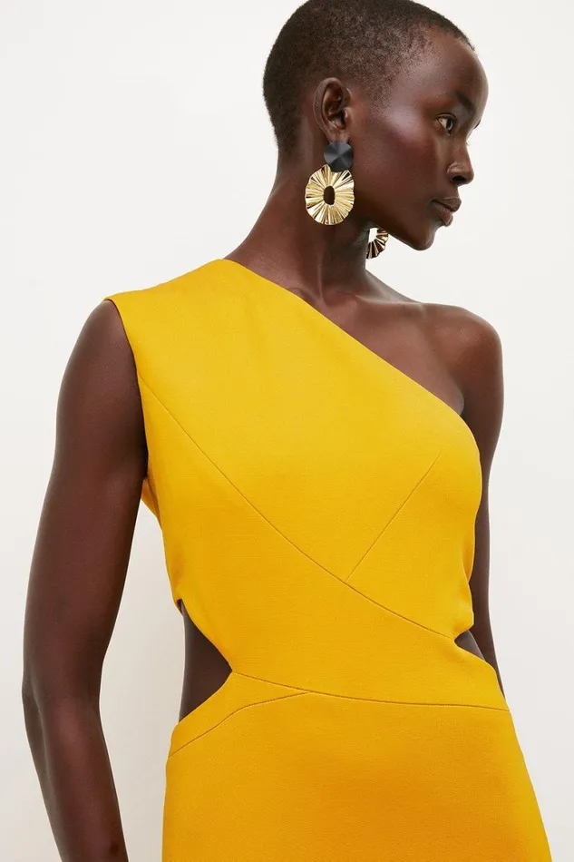 Dresses Women Karen Millen Italian Structured Stretch Asymmetric Midi Dress Mustard