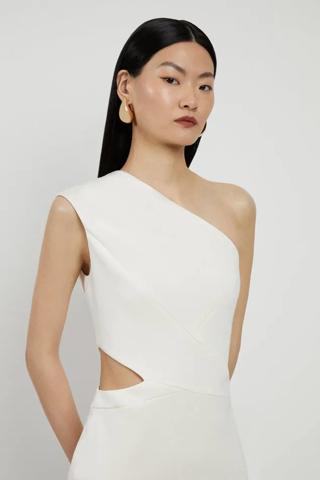 Dresses Women Karen Millen Italian Structured Stretch One Shoulder Cut Out Waist Midi Dress Ivory