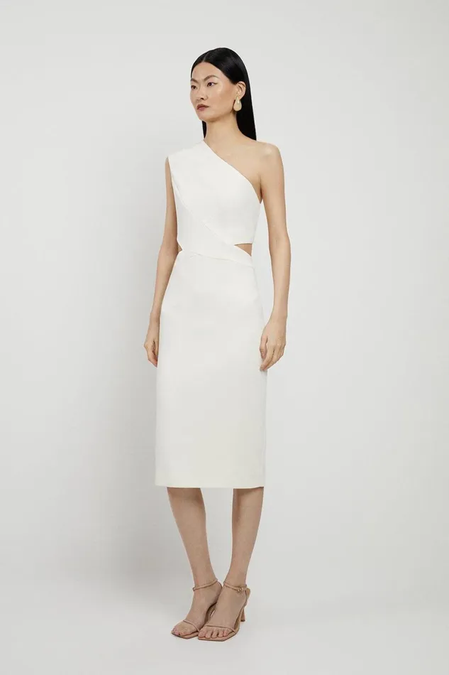 Dresses Women Karen Millen Italian Structured Stretch One Shoulder Cut Out Waist Midi Dress Ivory