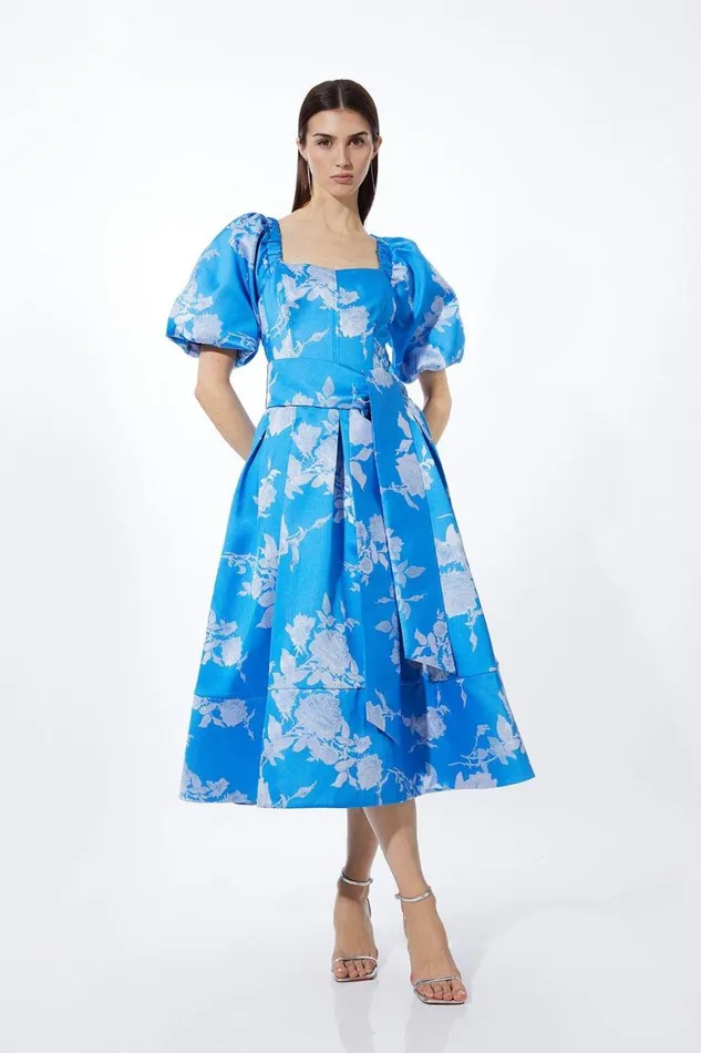 Dresses Women Karen Millen Jacquard Puff Sleeve Belted Woven Dress Blue