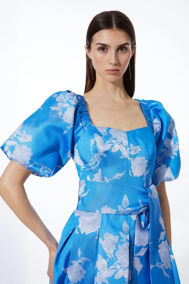 Dresses Women Karen Millen Jacquard Puff Sleeve Belted Woven Dress Blue